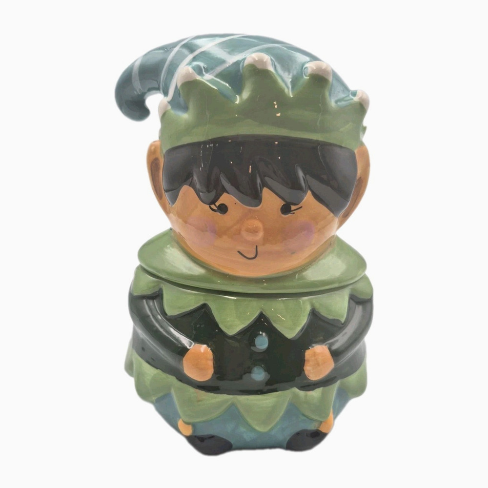 Holiday Time Green Ceramic Elf Candy Jar 8" Tall Sweet and Charming
